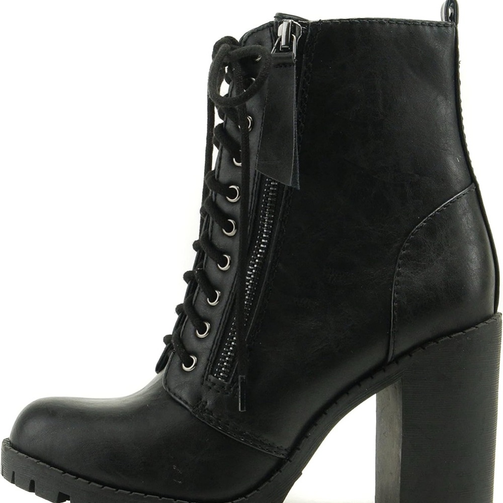 Soda Black Lace-Up Ankle Boots with Side Zipper, 3-inch Heel, Size 6
